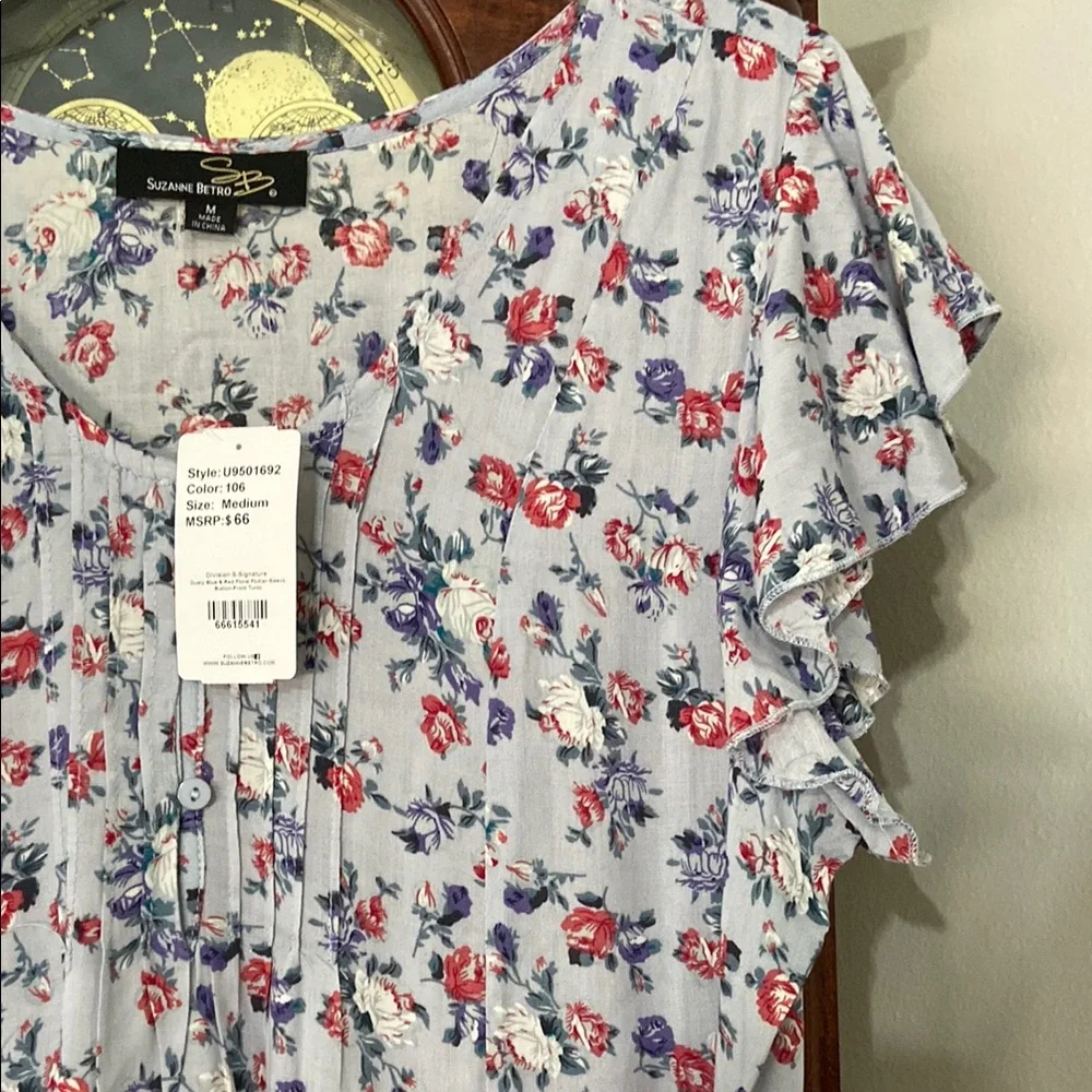 Suzanne Betro Blue Ruffled Cap Sleeve Blouse - Picture 2 of 8